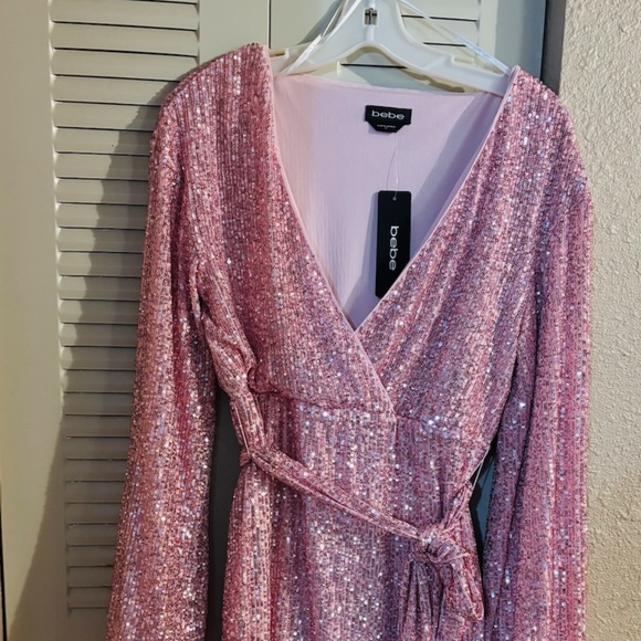 Pink Gold Bebe Sequin Party Dress Size Medium New With Tags - Picture 1 of 7